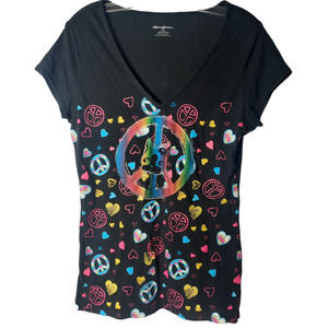 Rebecca Bonbon bulldog black with multi-colored peace signs and hearts t shirt